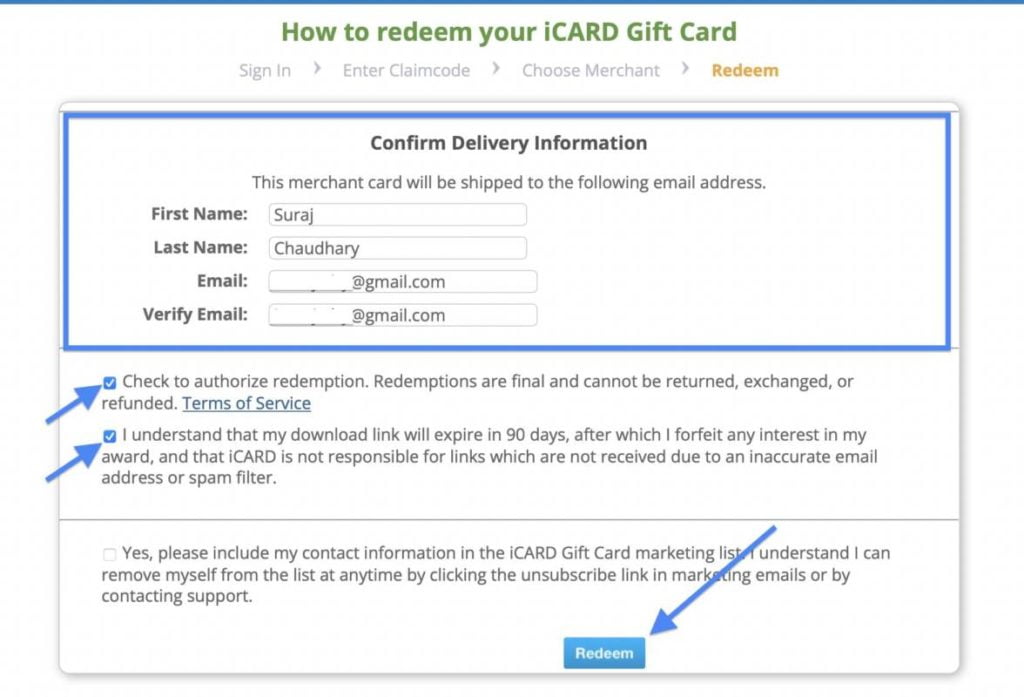 how to redeem your SAT pilot gift card step 4