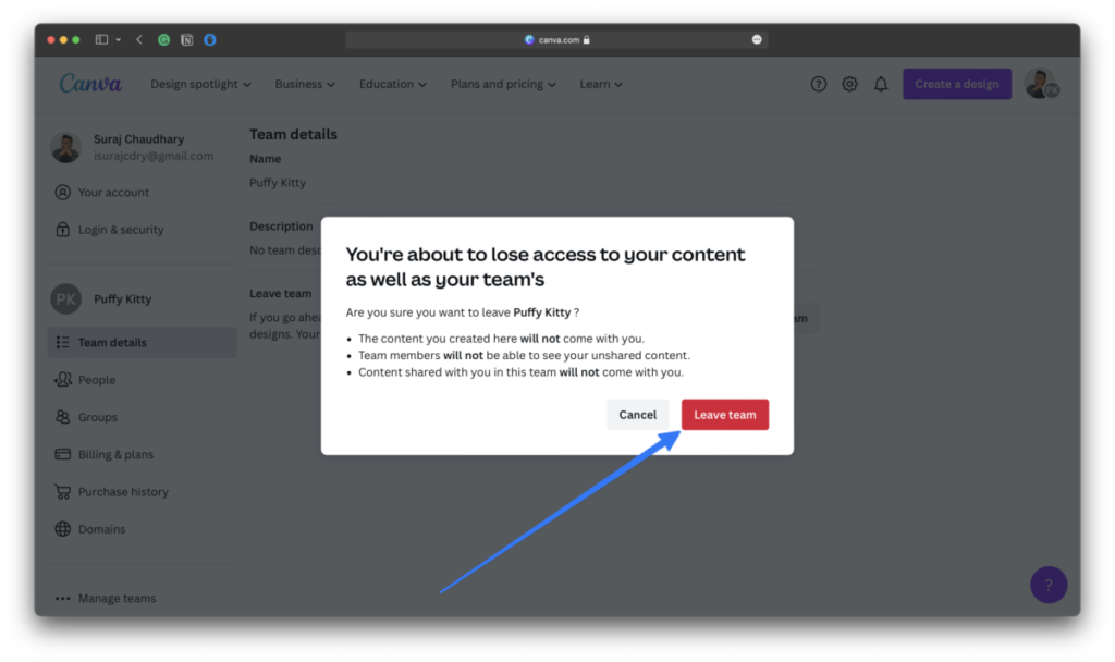 Leave a Canva Team Leave Team confirm