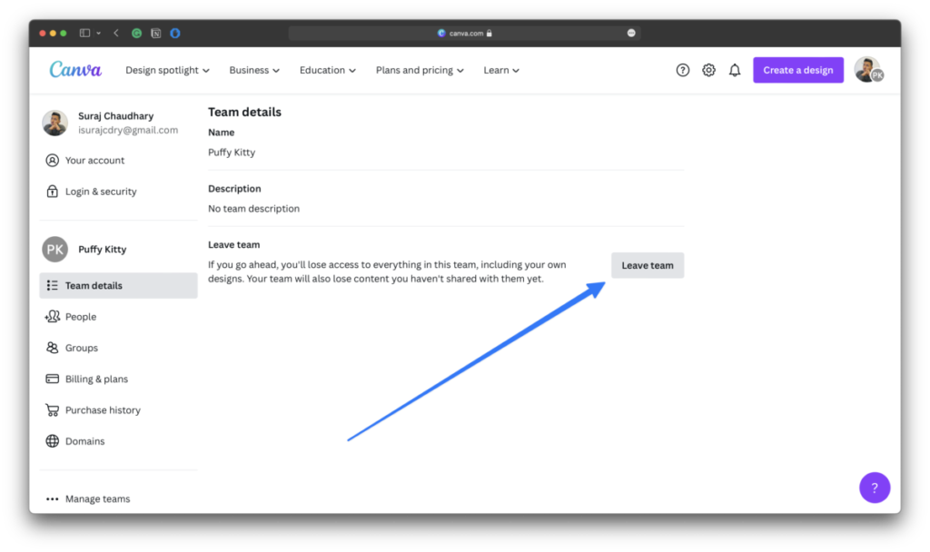 Leave a Canva Team Leave team button